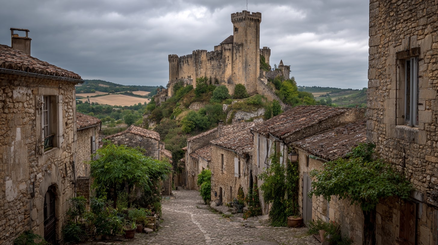Château-Larcher, village médiéval avec donjon, remparts et ruelles historiques à flanc de colline