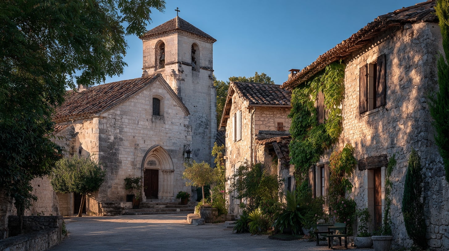 Petite église romane, maisons en calcaire blond et fontaines discrètes formant le charme authentique du village