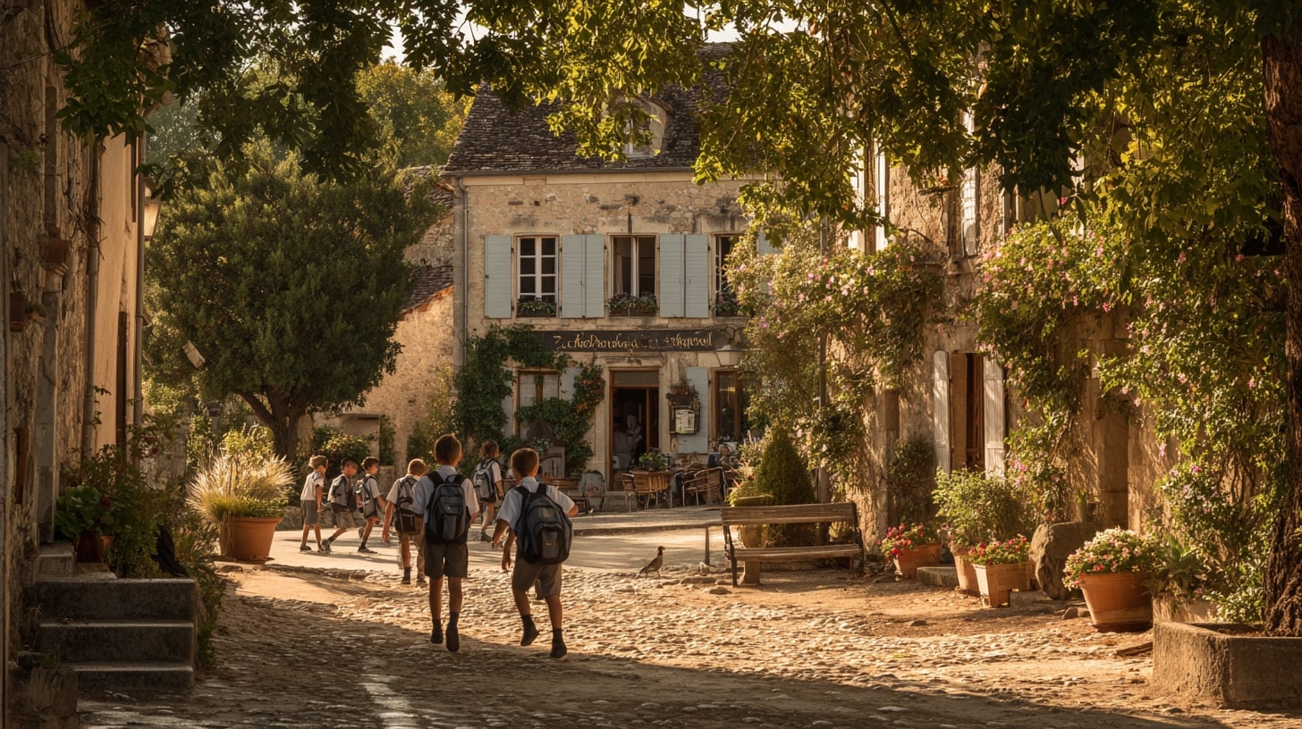 Ambiance paisible de village avec bruits de nature et rires d’enfants, au-delà des monuments